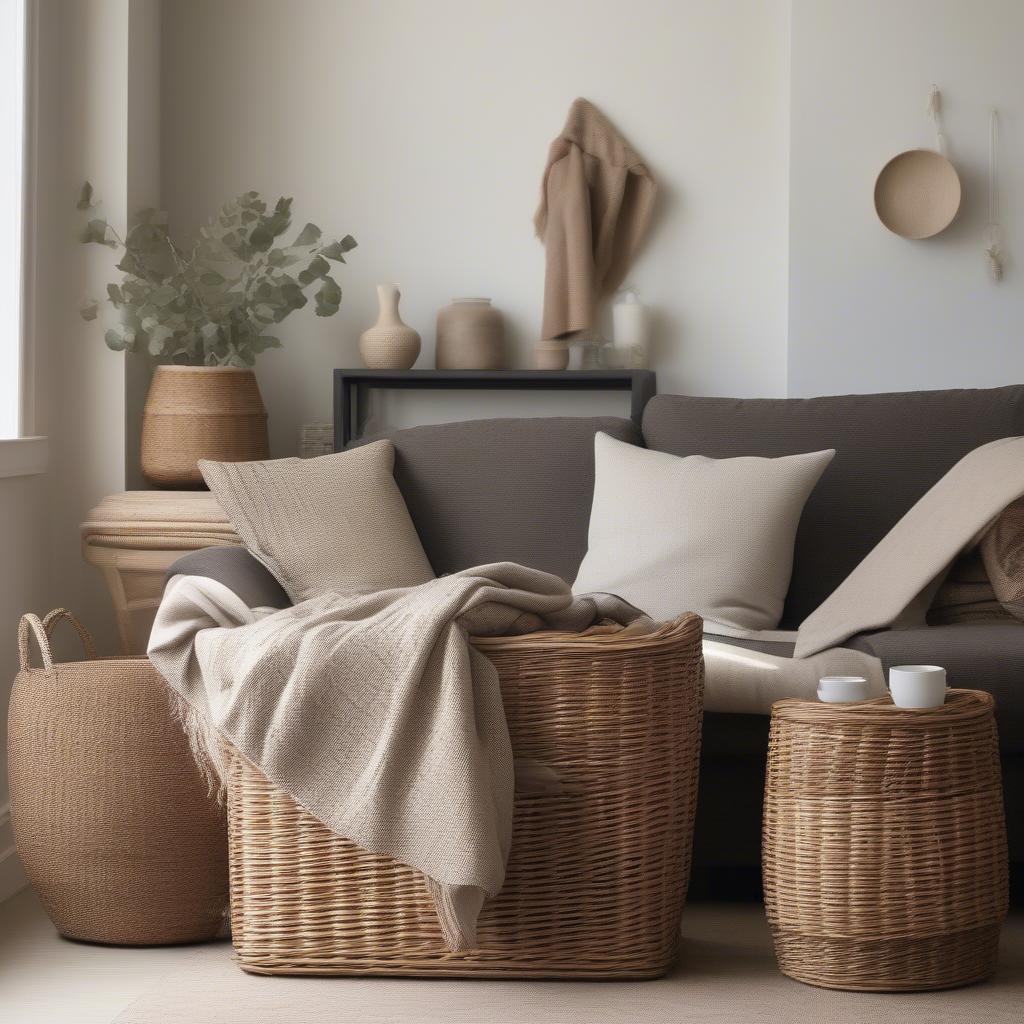 Very large wicker storage baskets in a living room setting