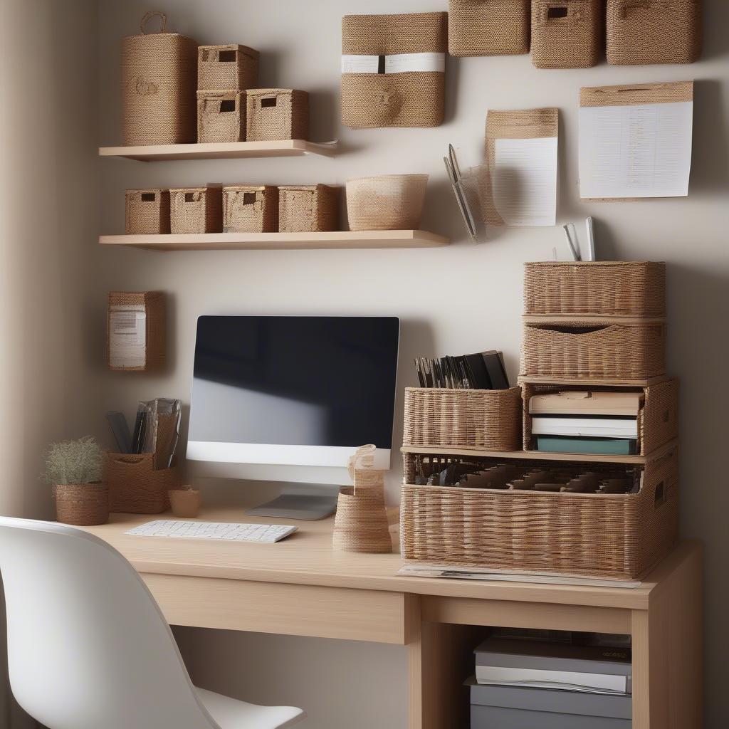 An assortment of very small wicker storage baskets organizing pens, paperclips, and other office supplies on a desk.