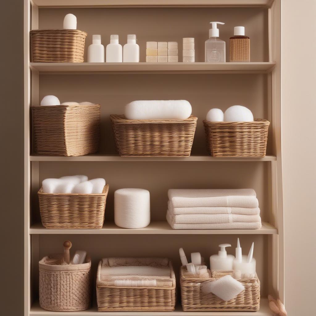 Very small wicker storage baskets organizing cotton balls, Q-tips, and other bathroom essentials on a shelf.