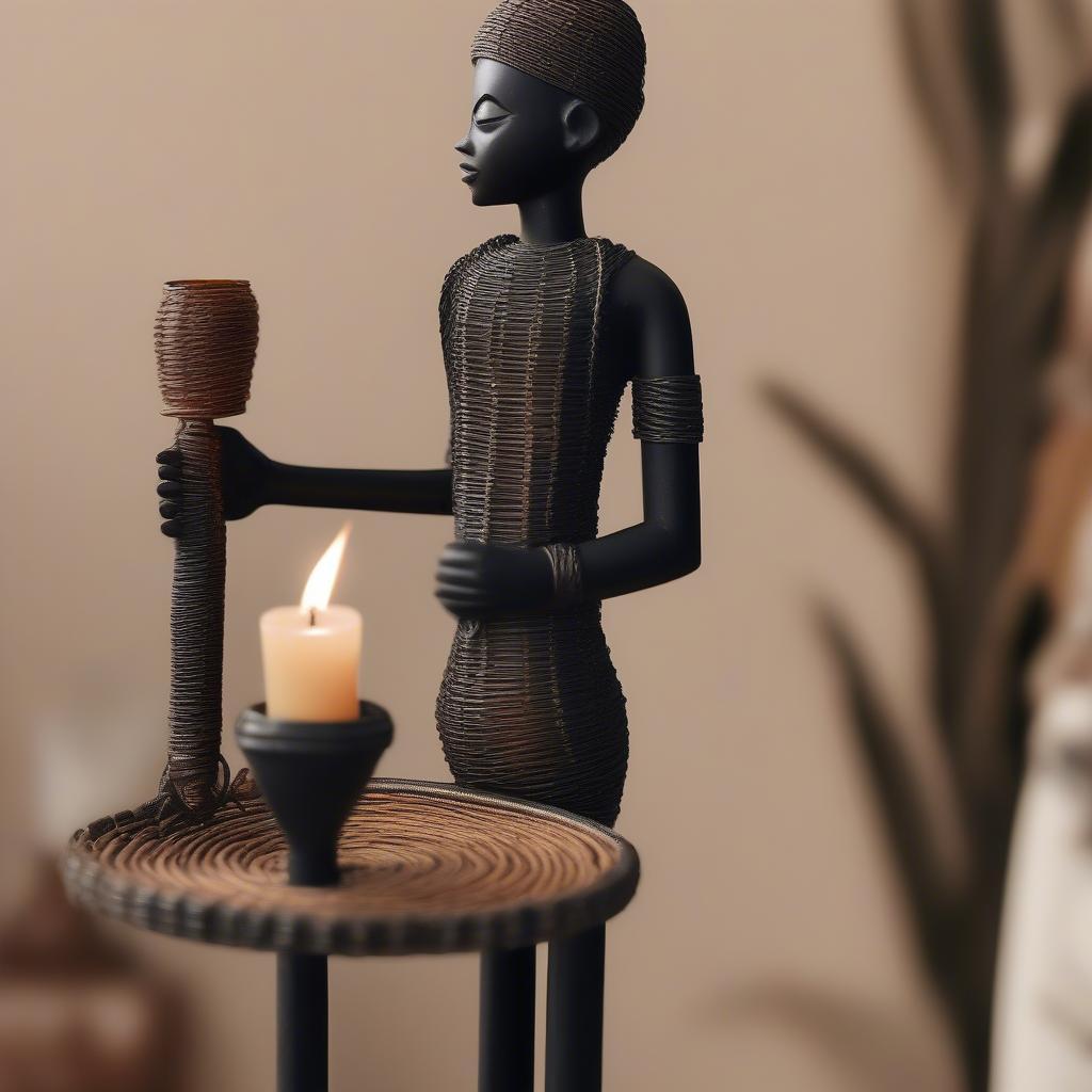 Vintage Black Wrought Iron & Wicker African Figure Candle Holder