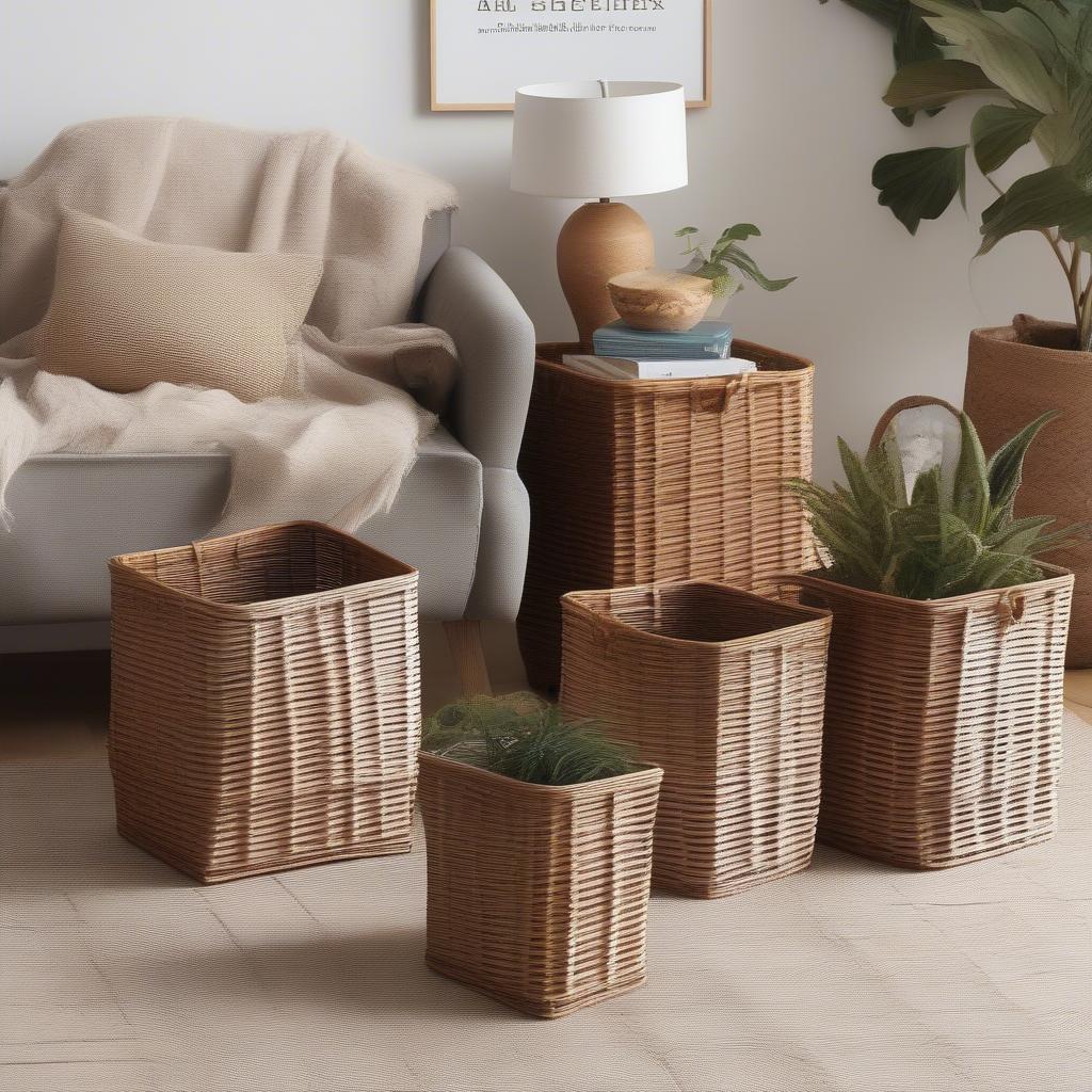 Vintage Square Wicker Baskets in a Living Room Setting