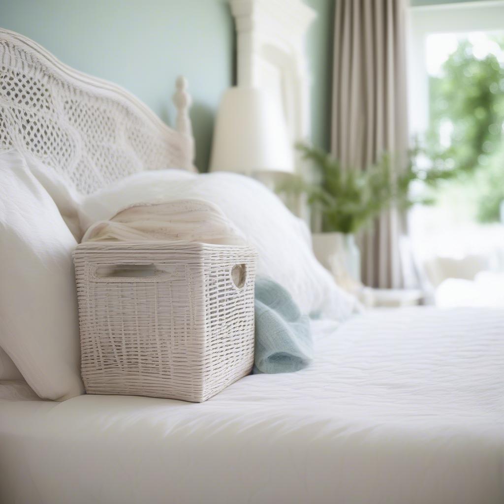 Vintage white wicker magazine holder in a bedroom setting