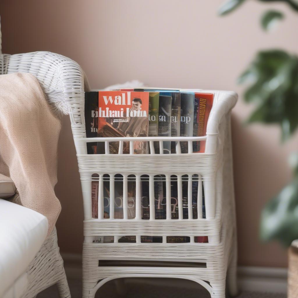 Vintage white wicker magazine holder in a cozy living room setting