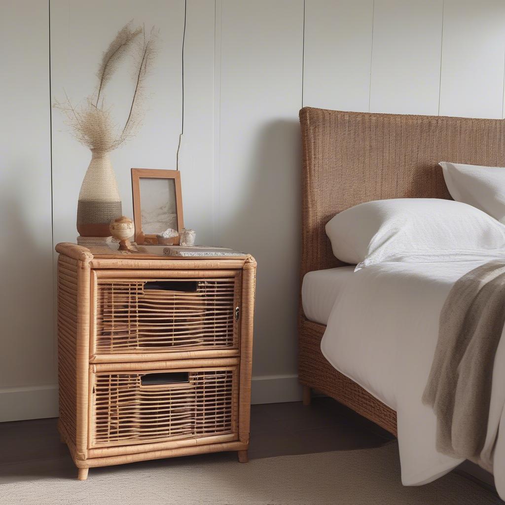 Vintage Wicker Bedside Cabinet in a Bedroom Setting