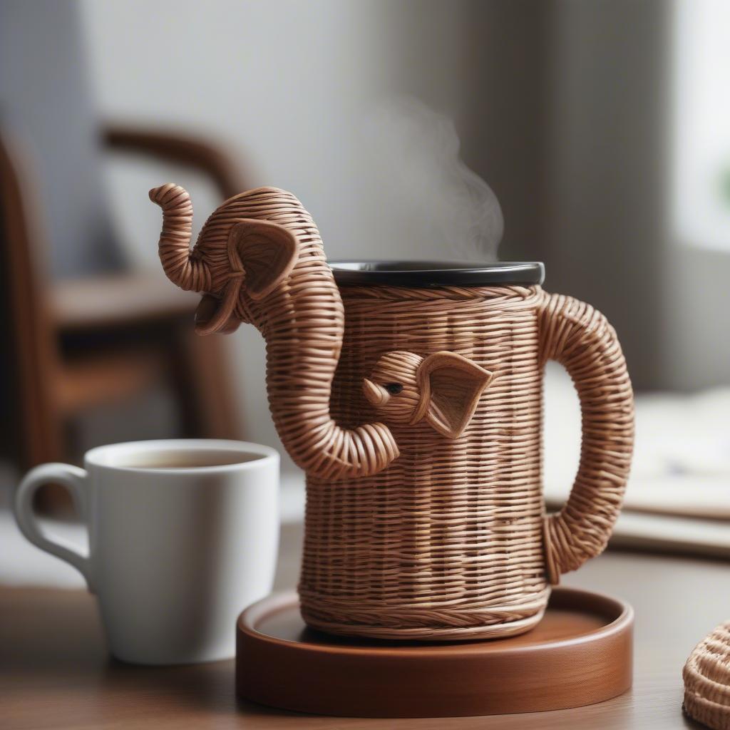 Vintage wicker elephant mug holder on a table