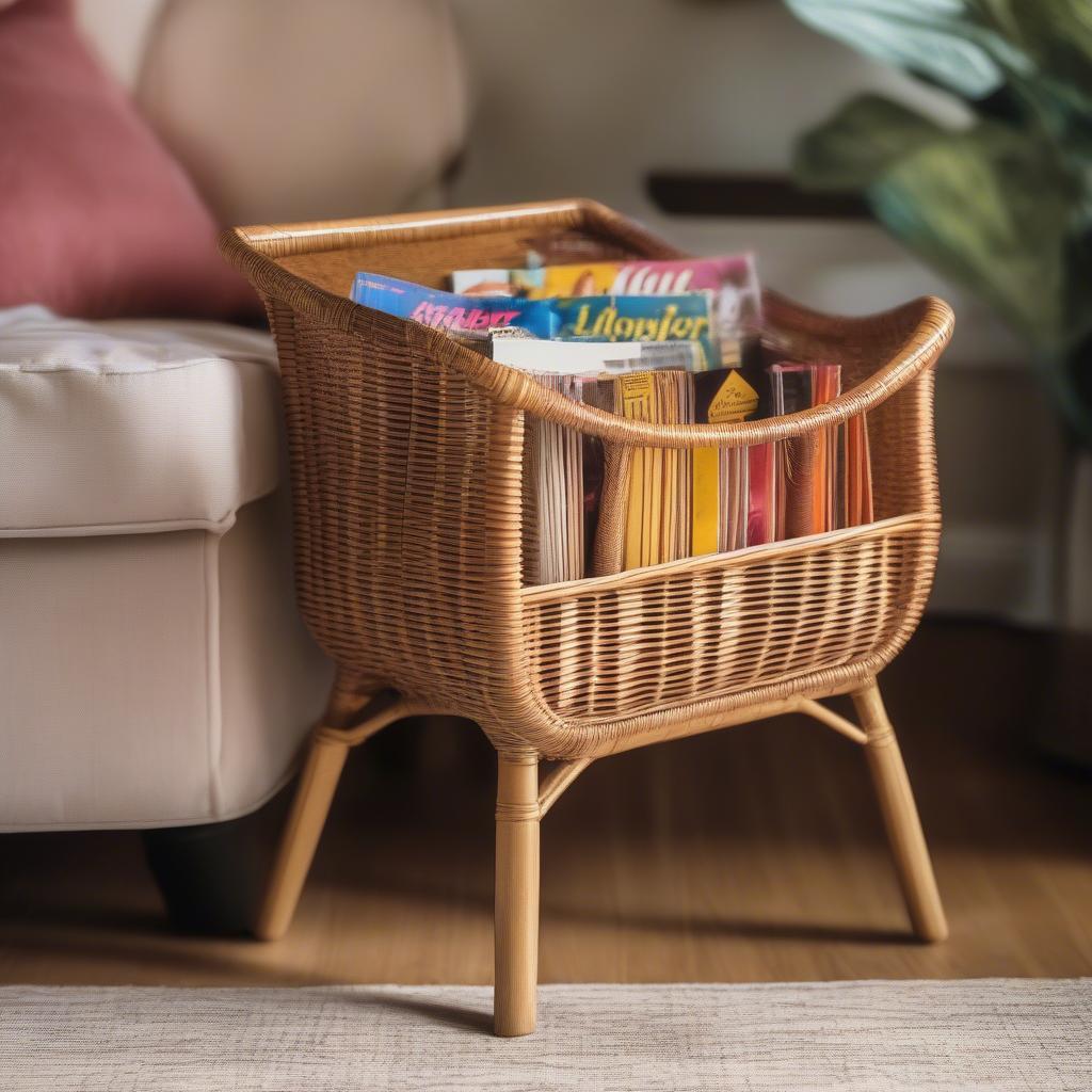 Vintage wicker magazine holder in a cozy living room setting