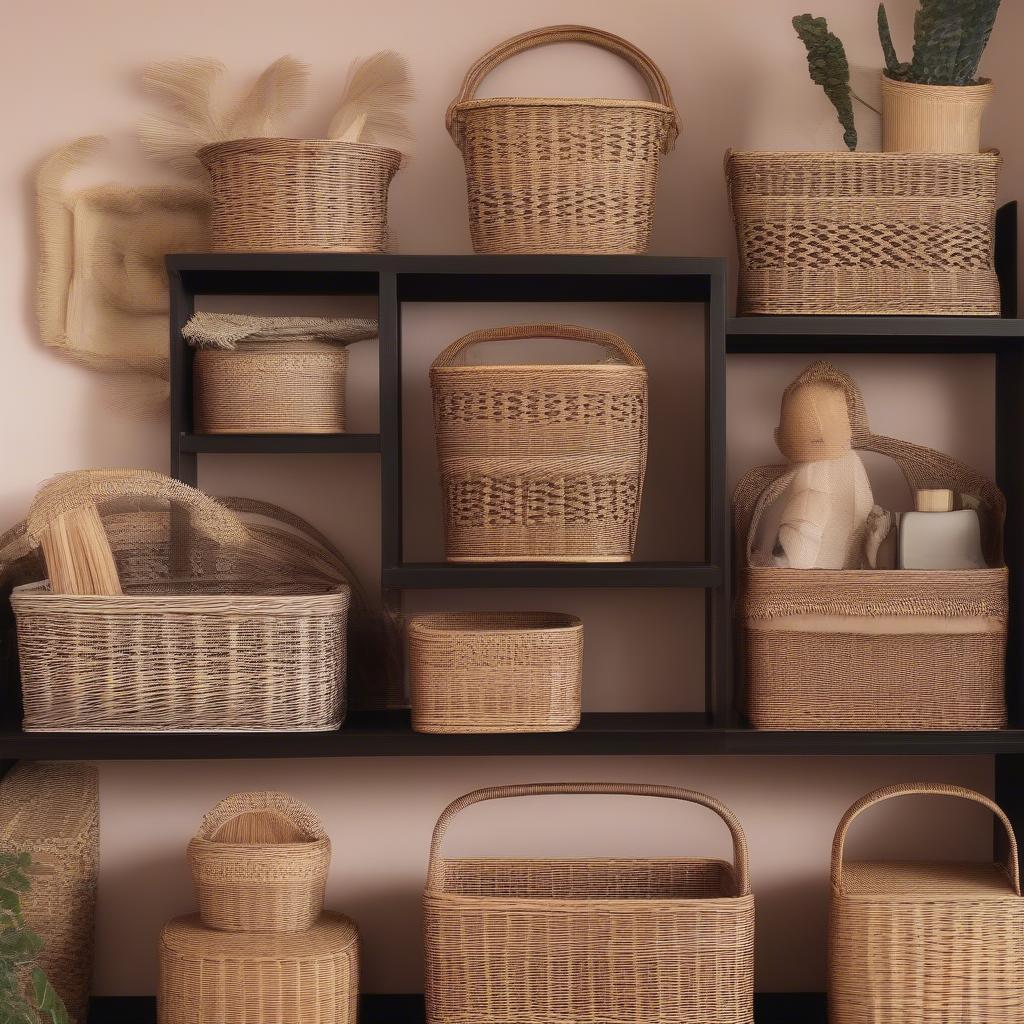 Different styles of vintage wicker magazine holders