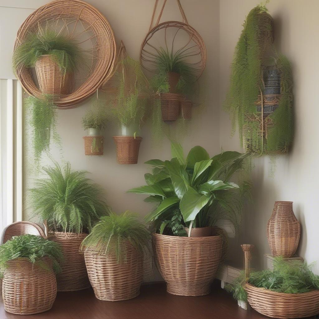 Vintage wicker plant holders used in various interior design settings.