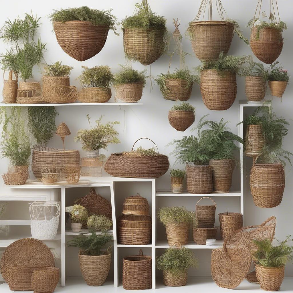 Variety of vintage wicker plant holders showcasing different shapes and sizes.