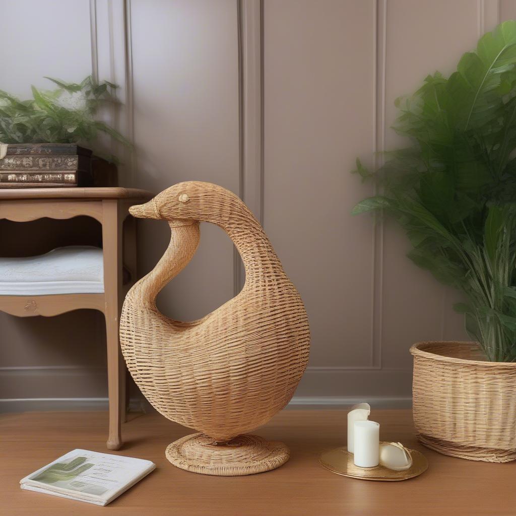 Vintage Wicker Swan Plant Holder in a Living Room Setting