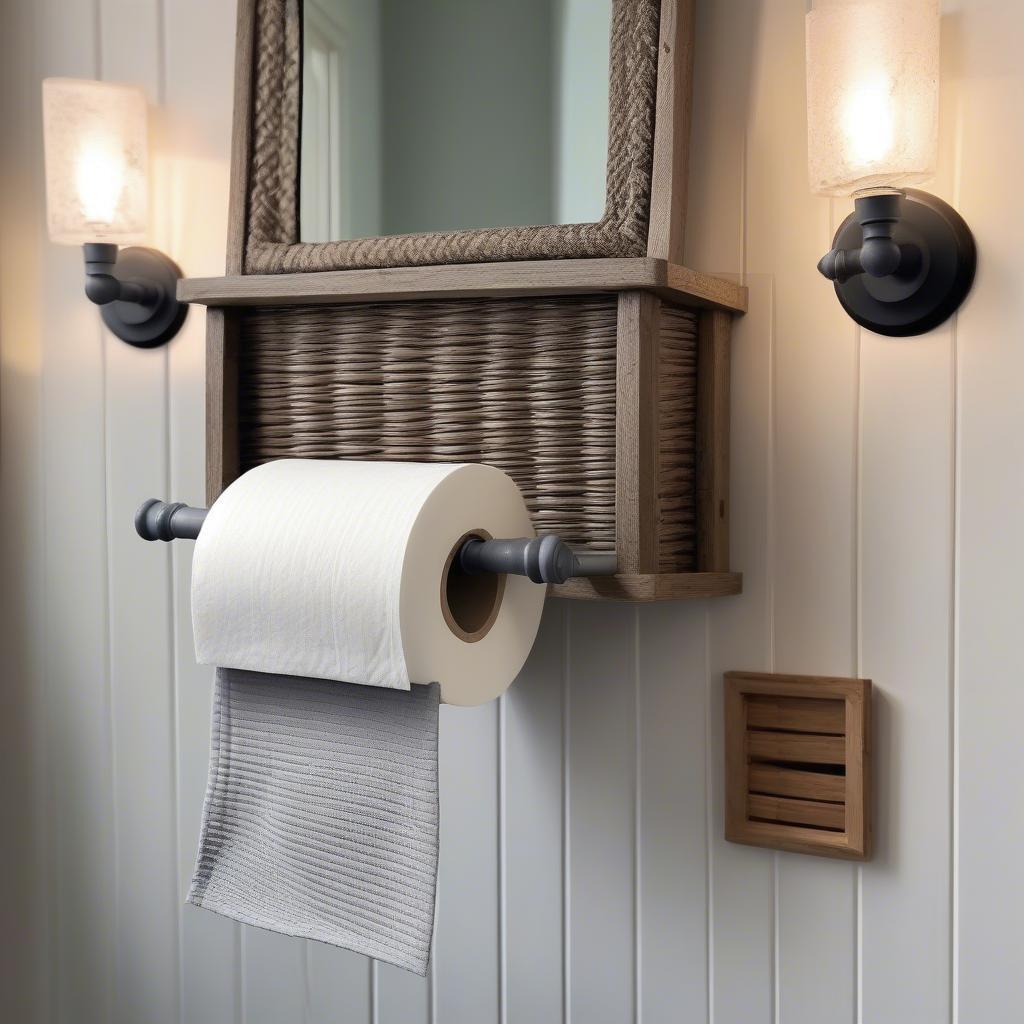 Wall-mounted grey wicker toilet roll holder in a bathroom