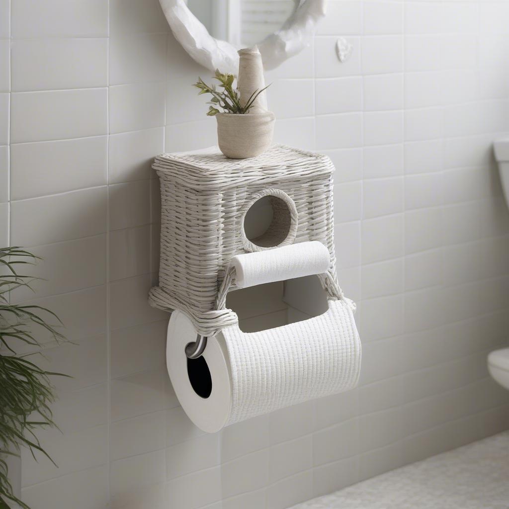 Wall-mounted white wicker toilet roll holder in a small bathroom