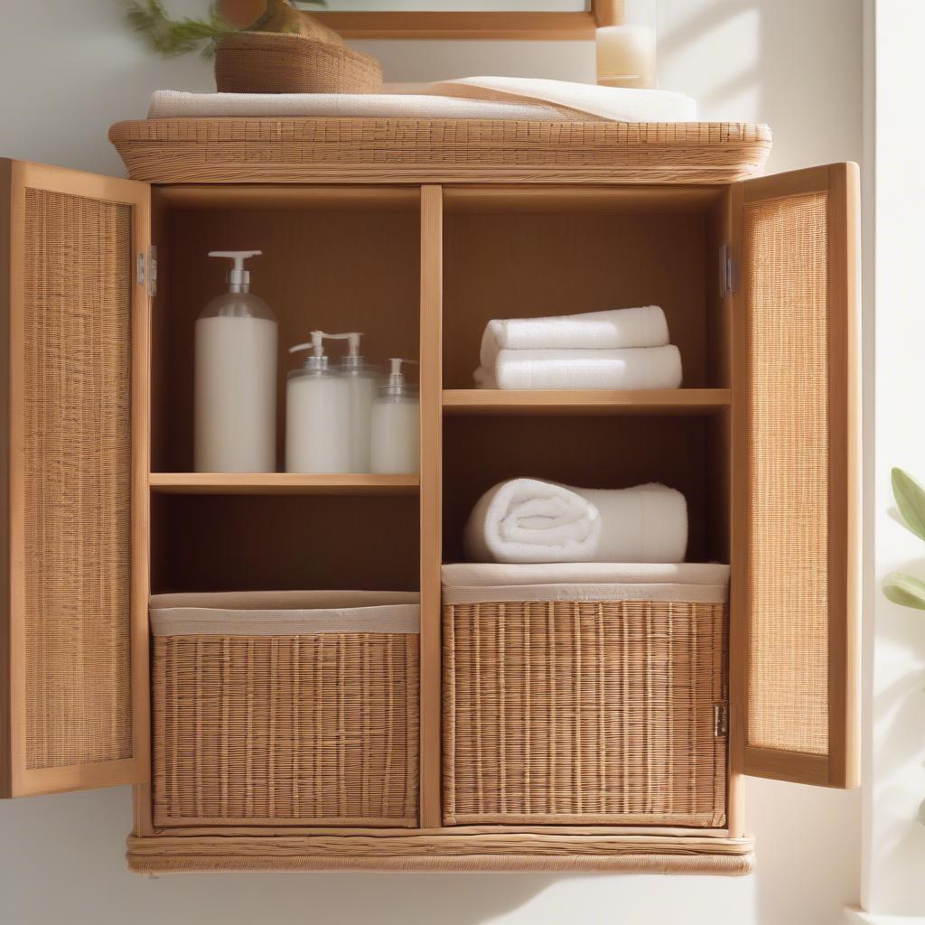 Wall mounted wicker bathroom cabinet in a naturally lit bathroom, showcasing its woven texture and storage capacity.