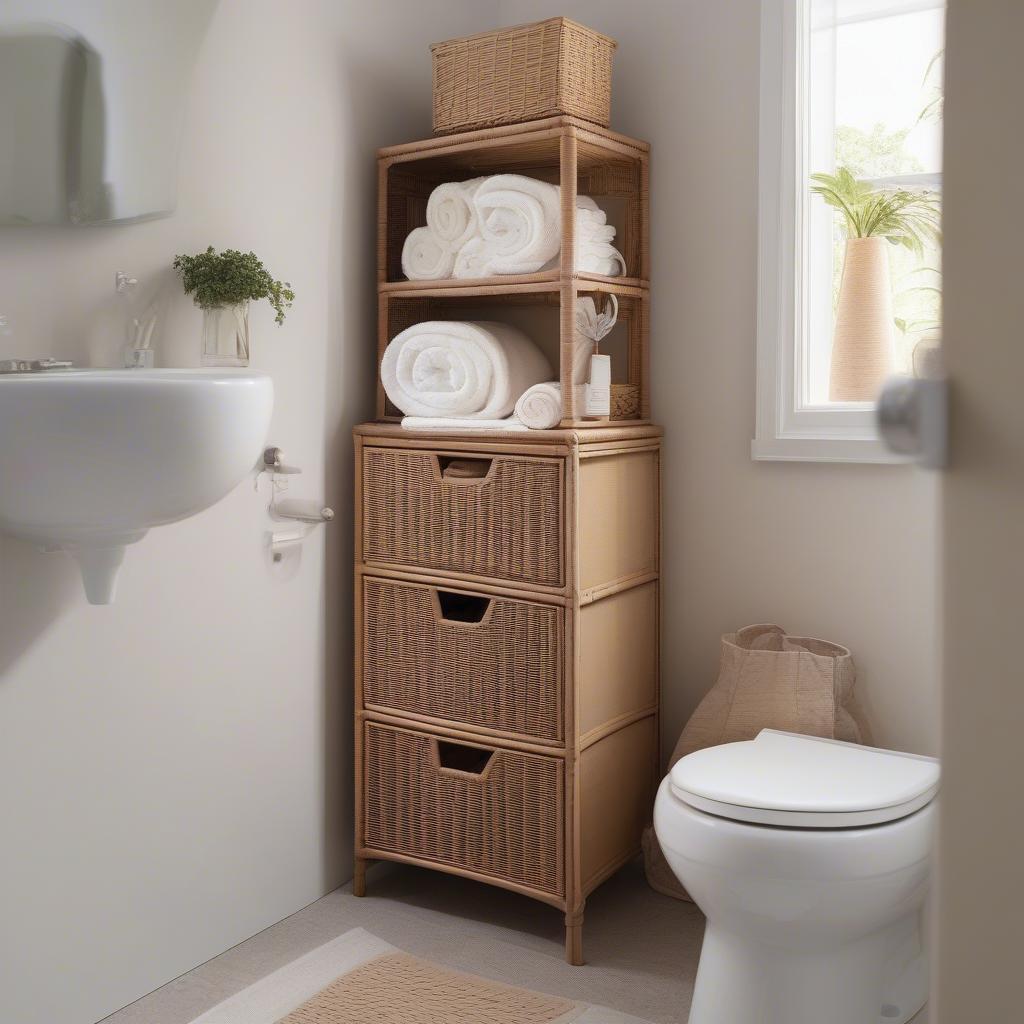 Wall-mounted wicker cabinet above a toilet in a small bathroom.