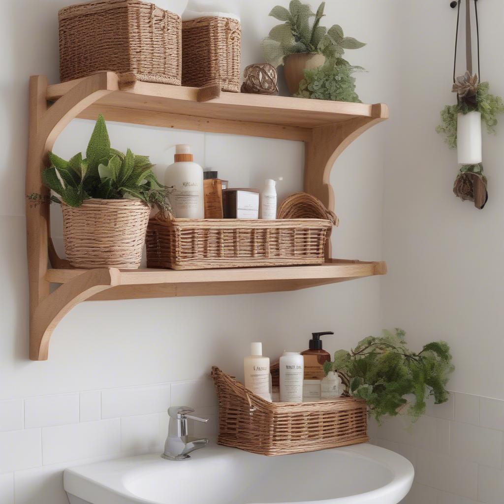 Wall-mounted wicker shelves in a bathroom setting