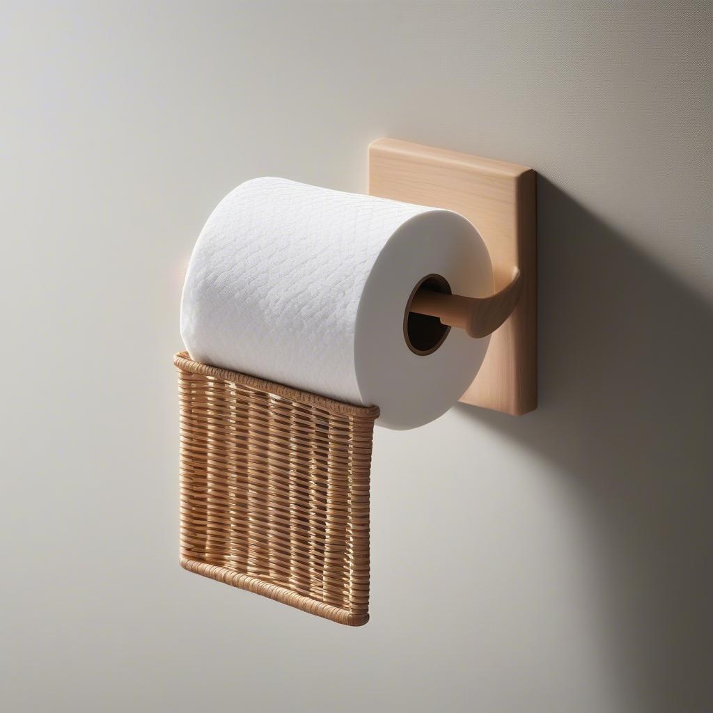 Wall-mounted wicker toilet paper holder for small bathrooms.