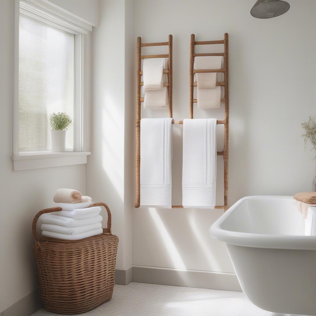 Space-saving wall-mounted wicker towel holder in a small bathroom