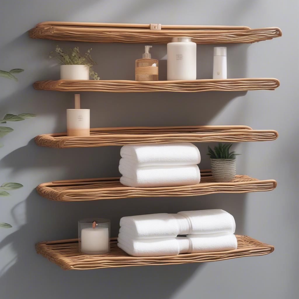 Wall-mounted wicker shelves holding neatly folded towels in a bathroom.