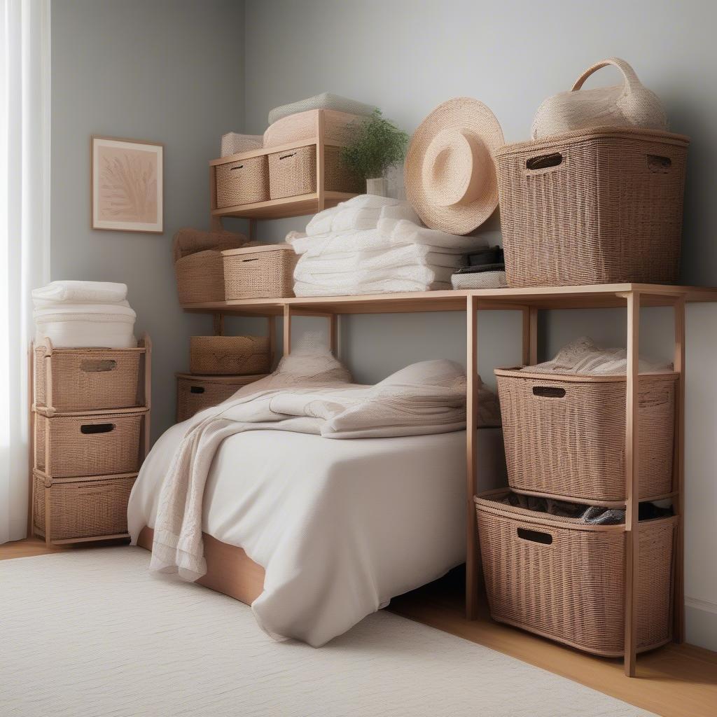 Plastic wicker baskets used for organizing clothes and accessories in a bedroom, showcasing their versatility and aesthetic appeal.