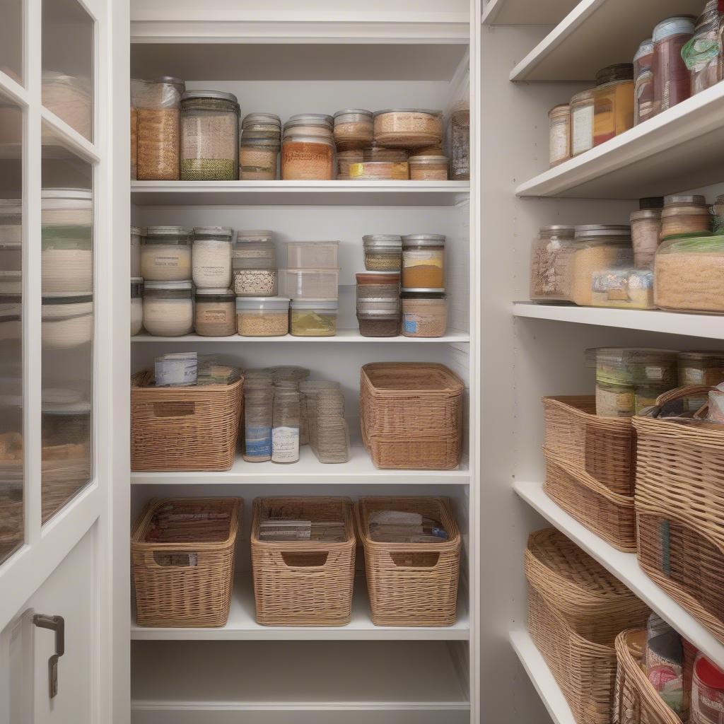 Plastic wicker storage baskets used to organize a kitchen pantry, highlighting their practicality and aesthetic appeal.