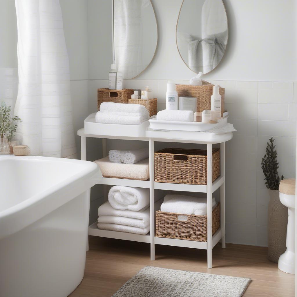 Plastic wicker storage baskets in a bathroom setting, showcasing their practicality and resistance to moisture.