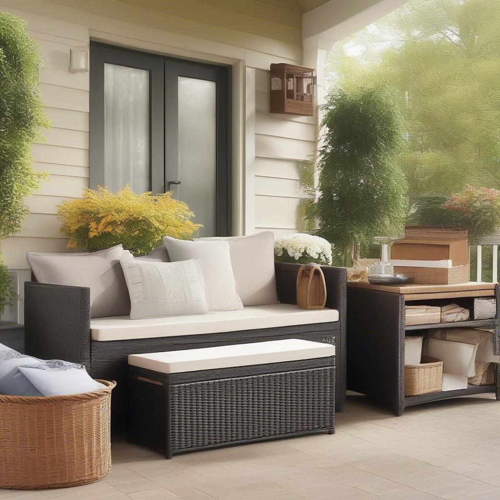 Various Walmart wicker outdoor storage options showcased on a patio.