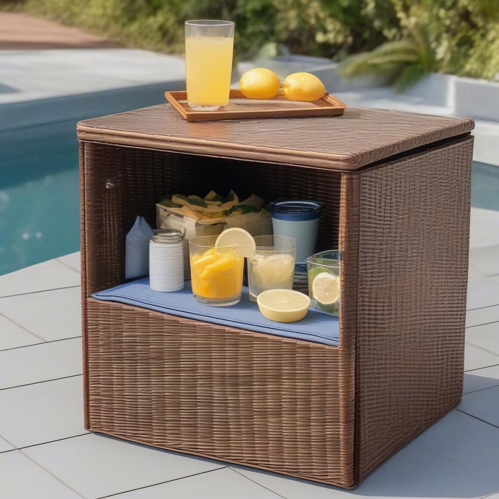 Waterproof wicker deck storage cube used as a side table with drinks and snacks