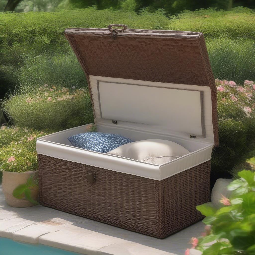 A waterproof wicker storage box filled with cushions in a garden setting.