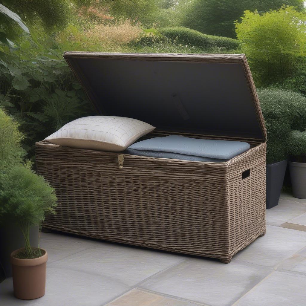 Waterproof wicker storage box in a garden setting