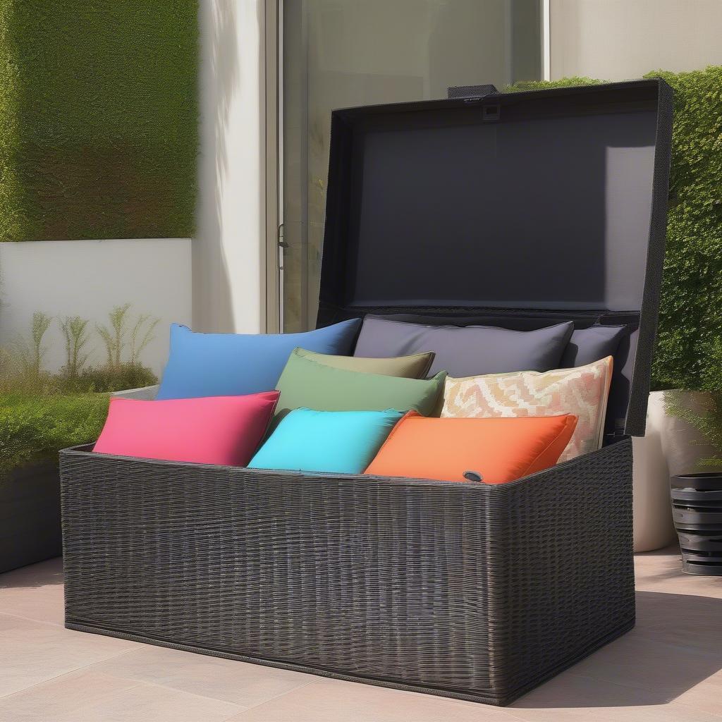 Waterproof wicker storage box on a patio, filled with cushions and blankets, showcasing its durability and style.