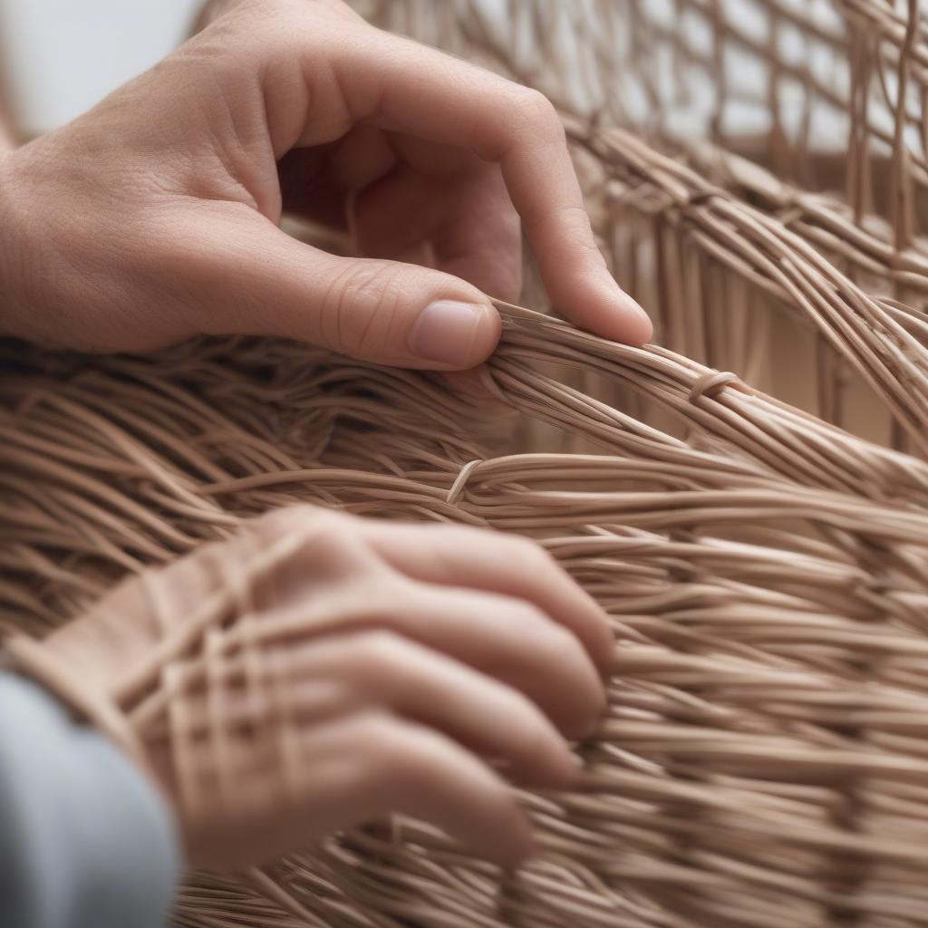 Weaving new wicker strands into the plant holder