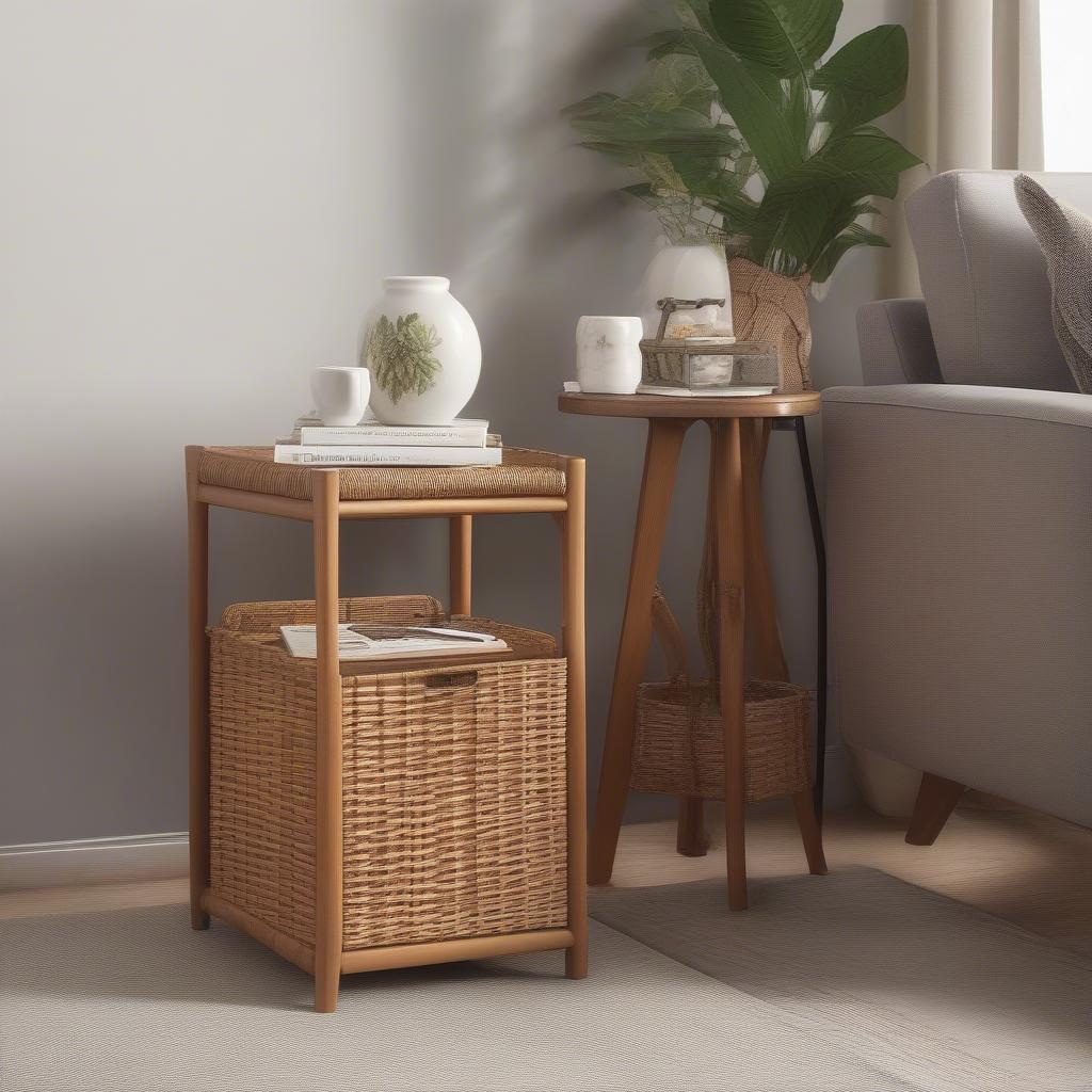 Westwood All Wicker Side Storage Table in a Living Room Setting