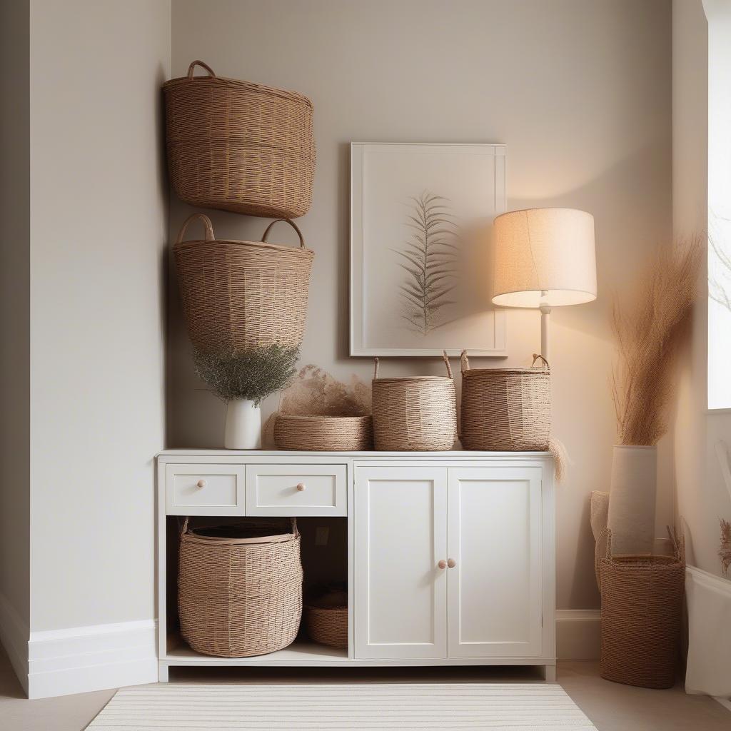 White Cabinet with Wicker Baskets in a Living Room