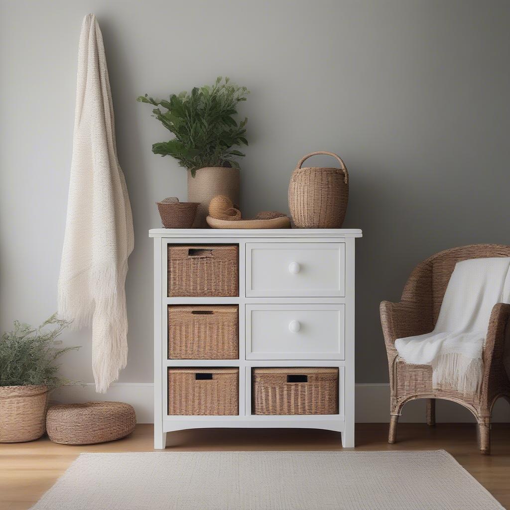 White cabinet with wicker drawers in a living room setting