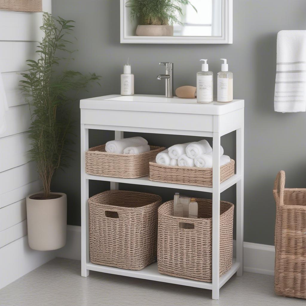 White Frame Compact Wicker Basket Storage Shelf in a Bathroom