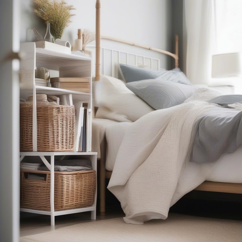 White Frame Compact Wicker Basket Storage Shelf in a Bedroom