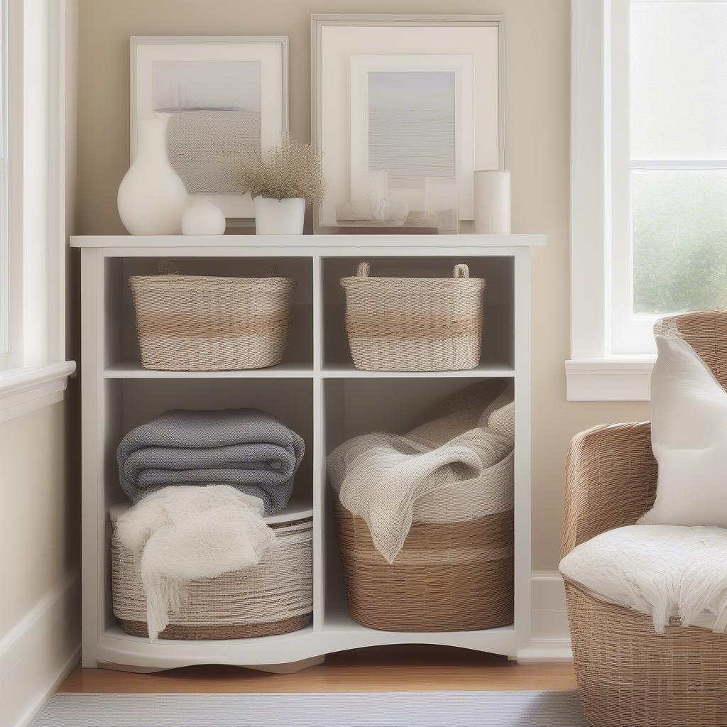 White Frame Compact Wicker Basket Storage Shelf in a Living Room