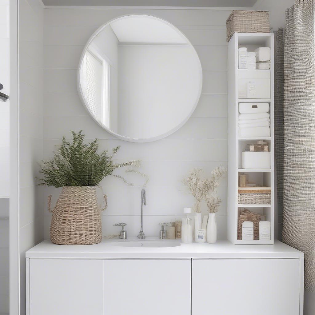 White medicine cabinet with wicker baskets in a modern bathroom