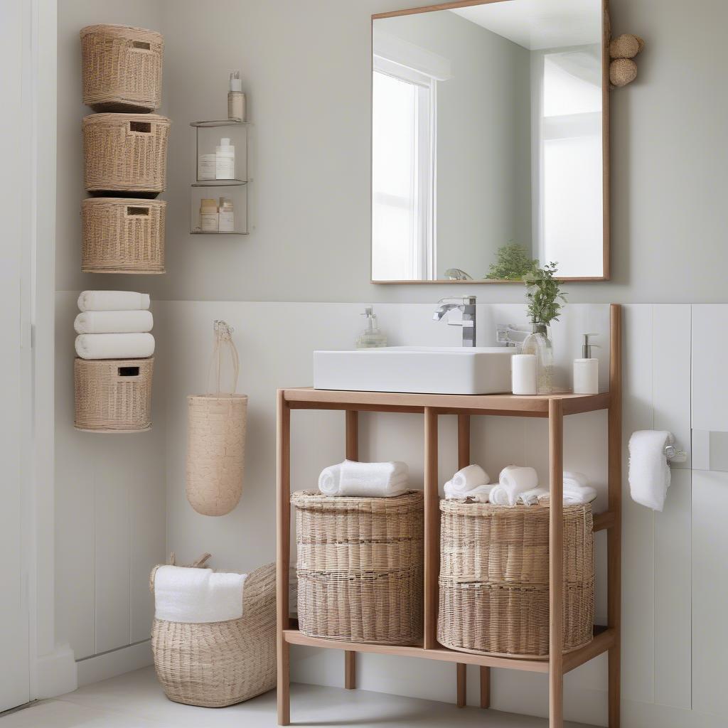 White medicine cabinet with three wicker baskets in a modern bathroom setting