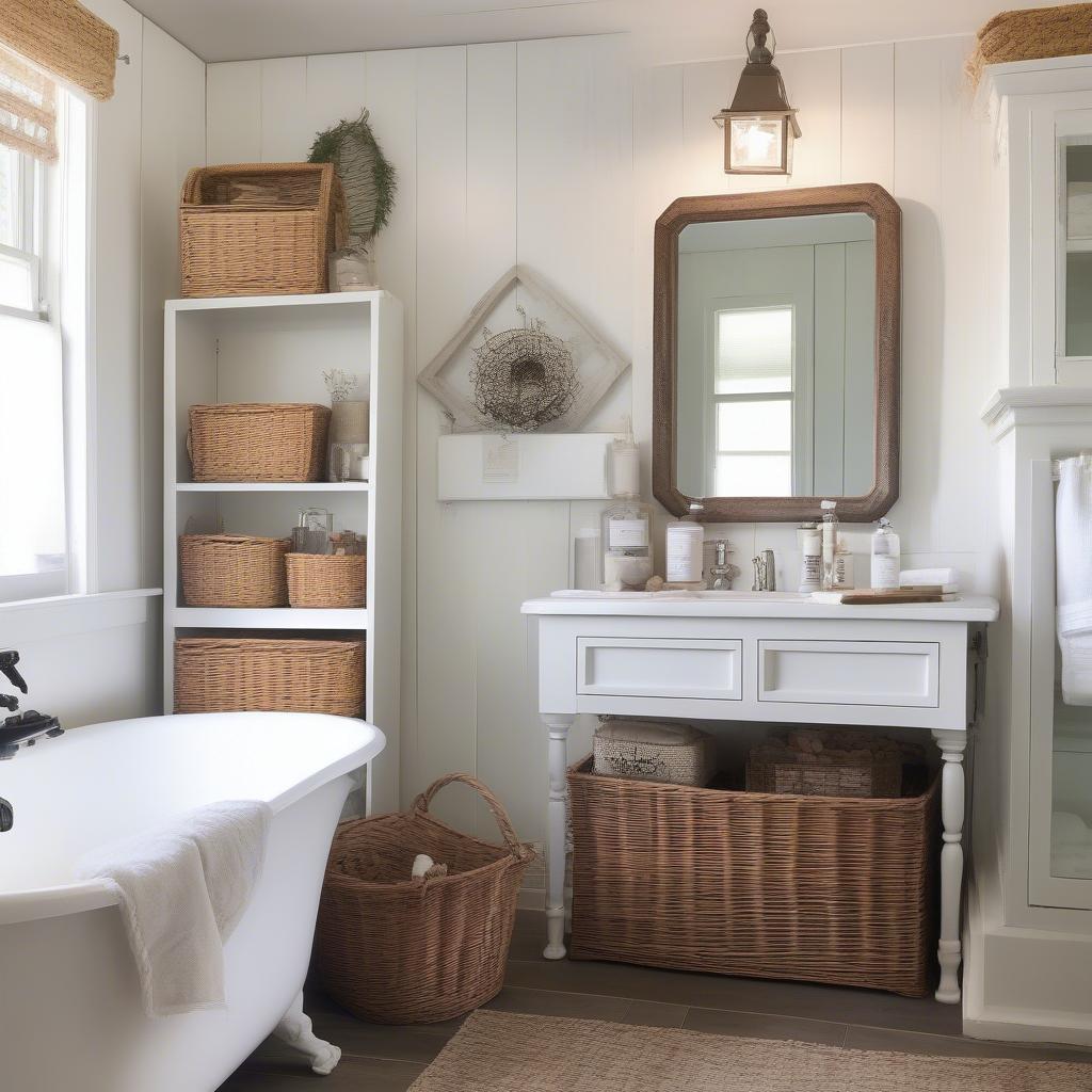 White medicine cabinet with wicker baskets in a farmhouse style bathroom.