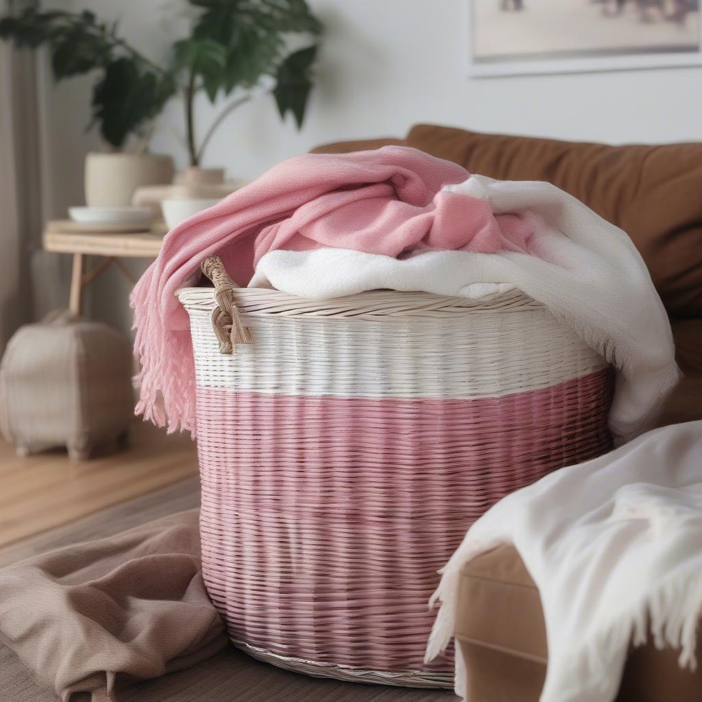 White and Pink Wicker Basket in a Living Room Setting