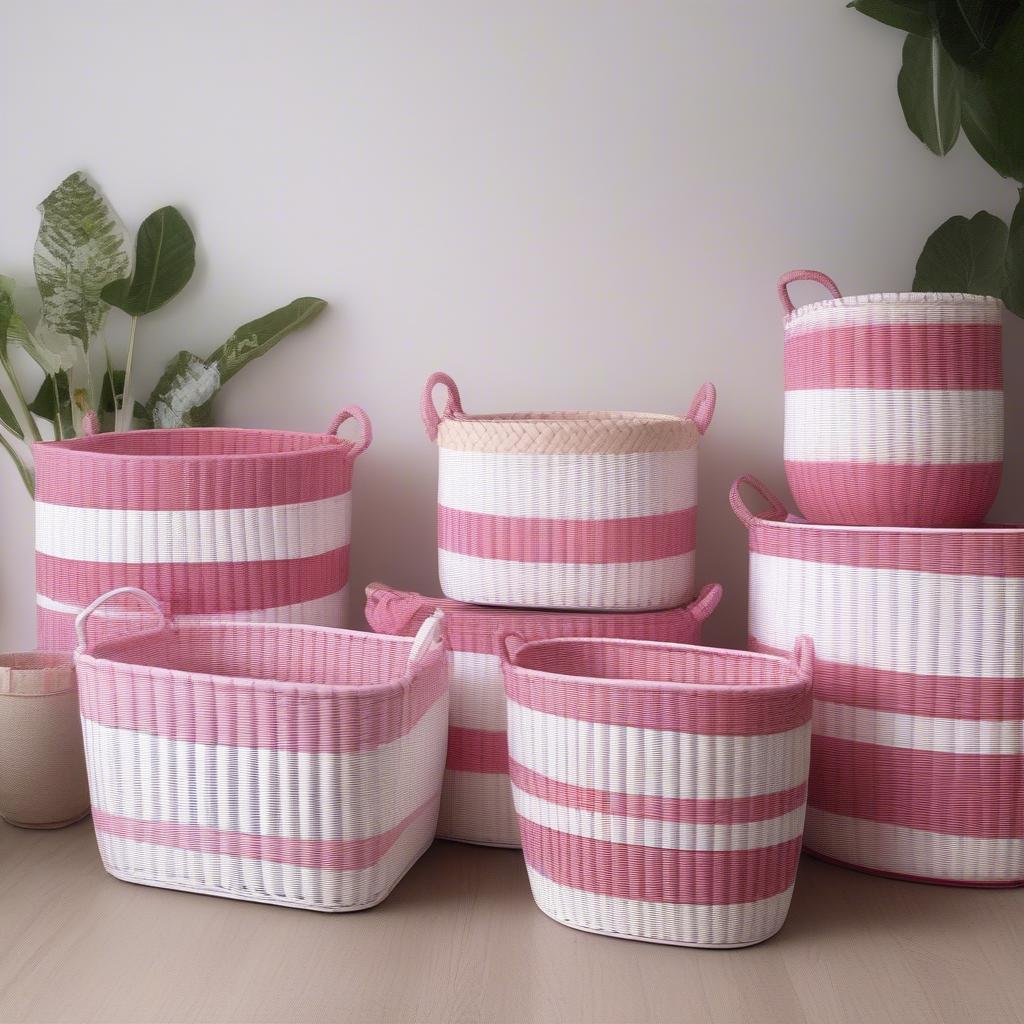 Variety of White and Pink Wicker Storage Baskets