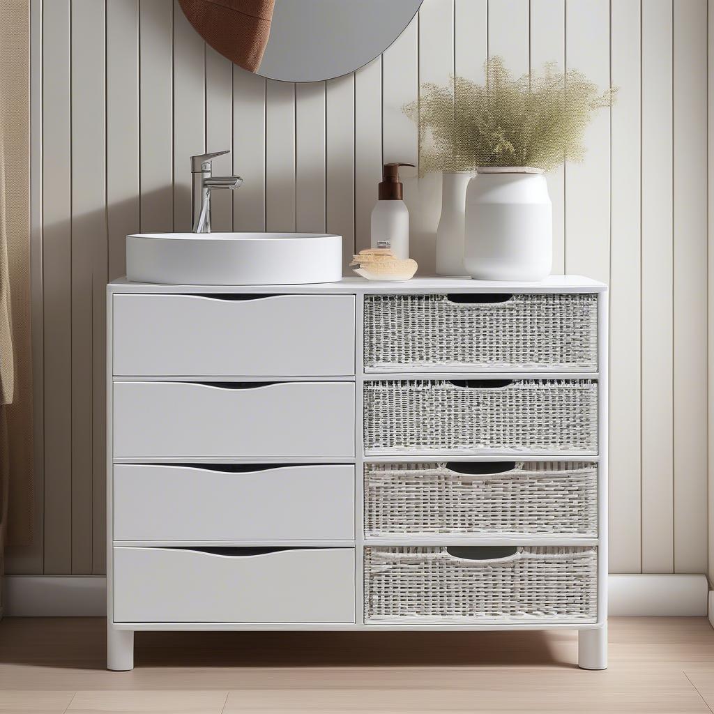 White plastic drawer cabinet with a wicker pattern in a bathroom setting, highlighting its water-resistant properties.