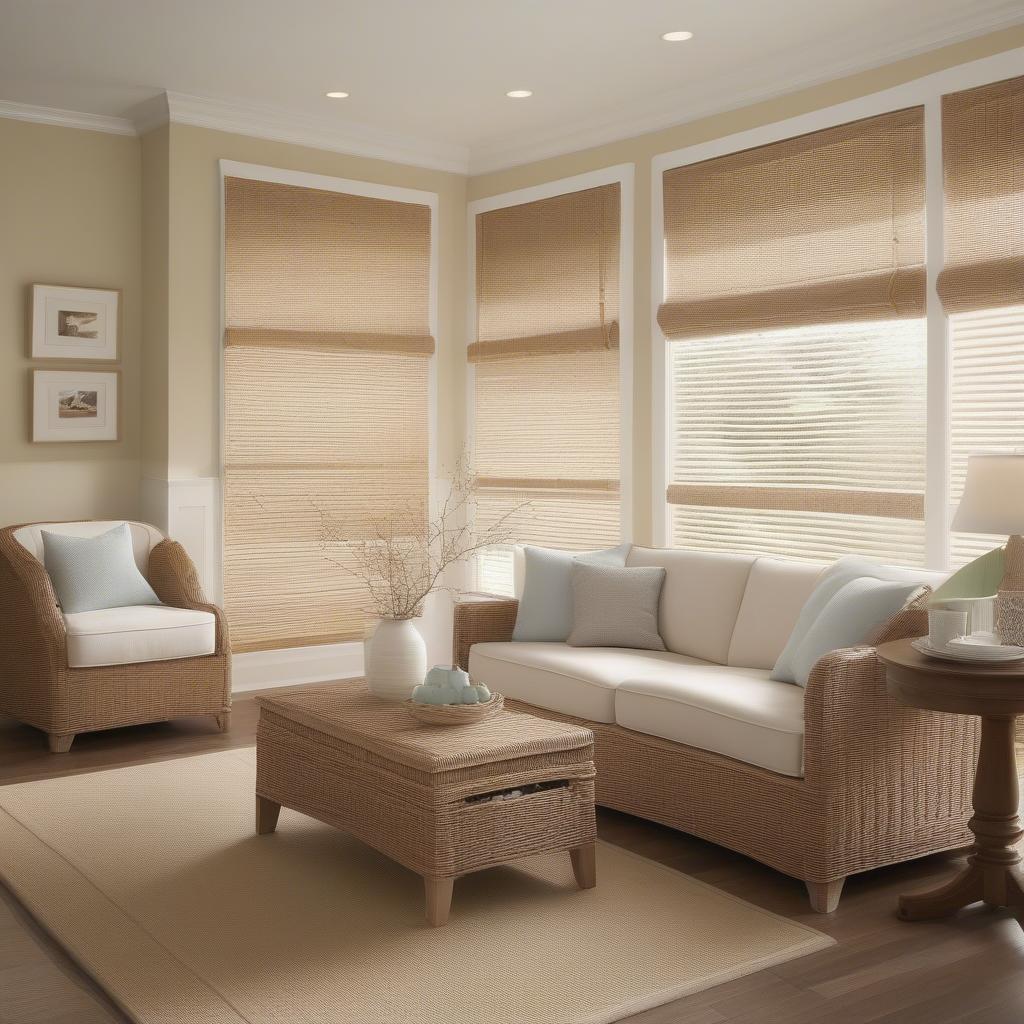 White Pull Up Wicker Blinds in a Living Room Setting