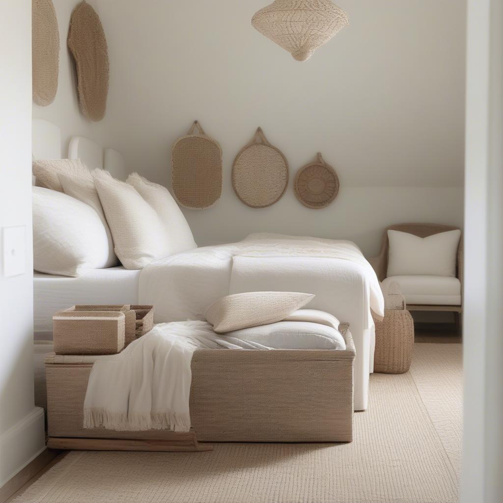 White Resin Wicker Storage Bench in a Bedroom