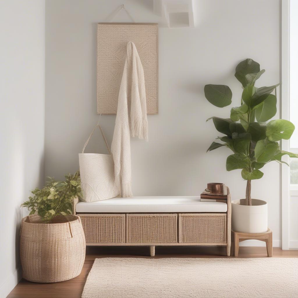 White Resin Wicker Storage Bench in a Living Room