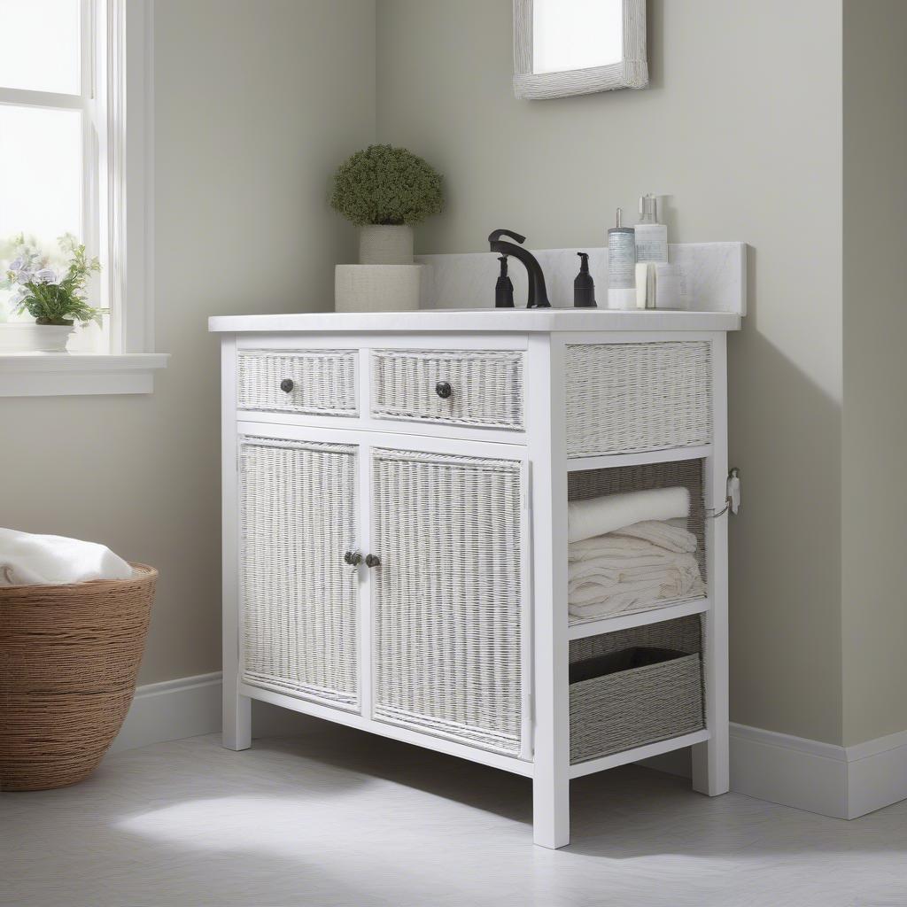 Different styles of white small wicker cabinets for bathrooms