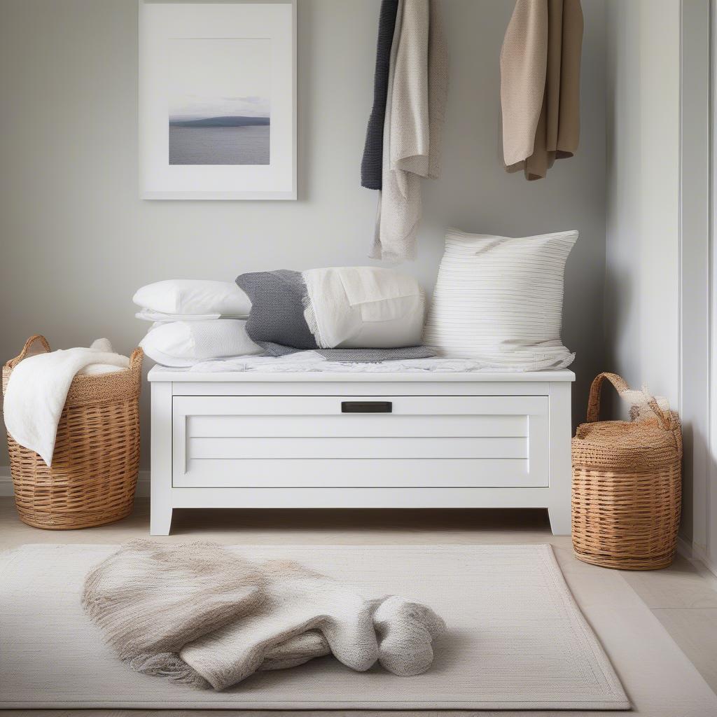 White storage bench with wicker baskets at the foot of a bed