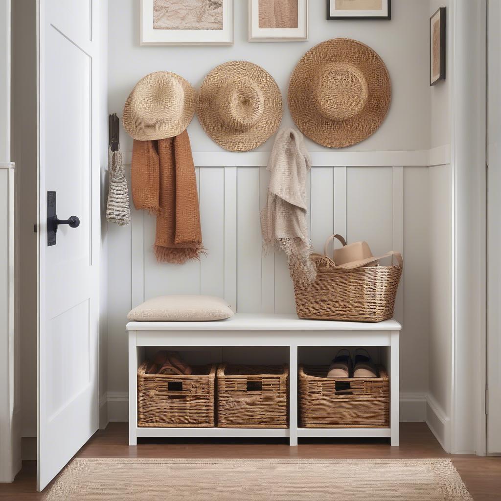 White storage bench with wicker baskets in an entryway