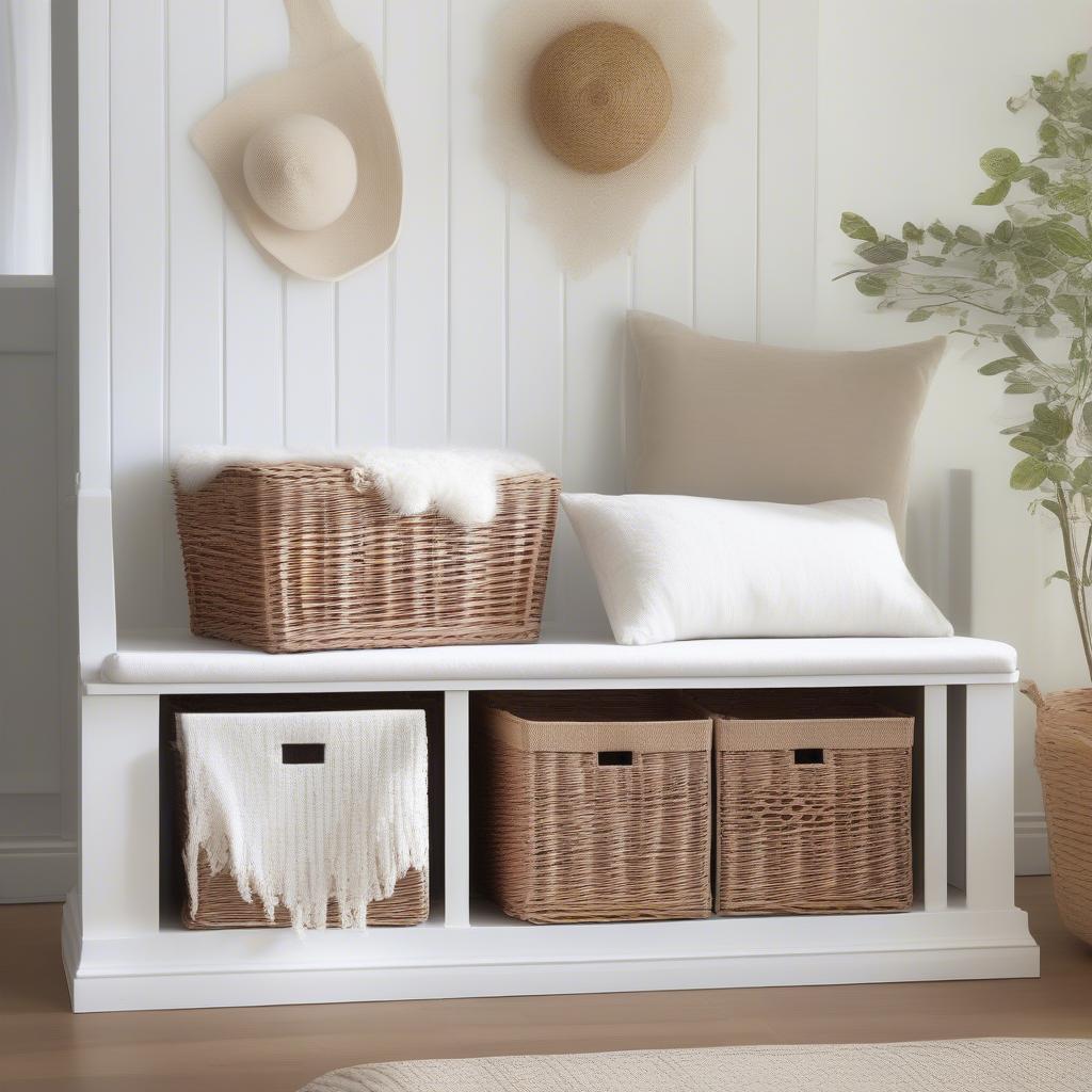 White storage bench with wicker baskets in a living room setting